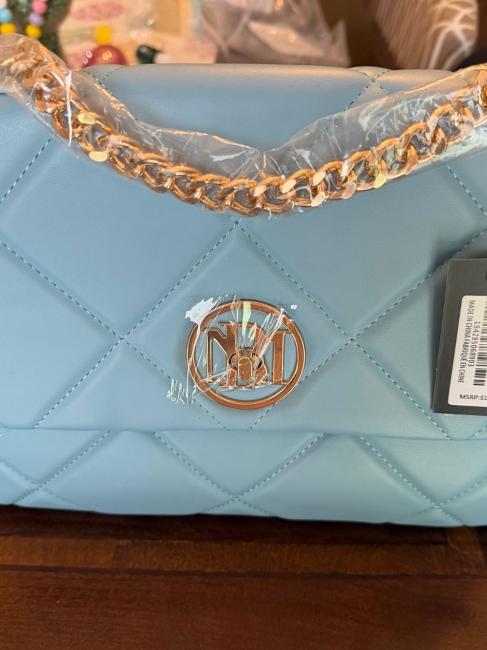 Badgley Mischka Sky Blue Quilted Chain Shoulder Bag with Gold Hardware